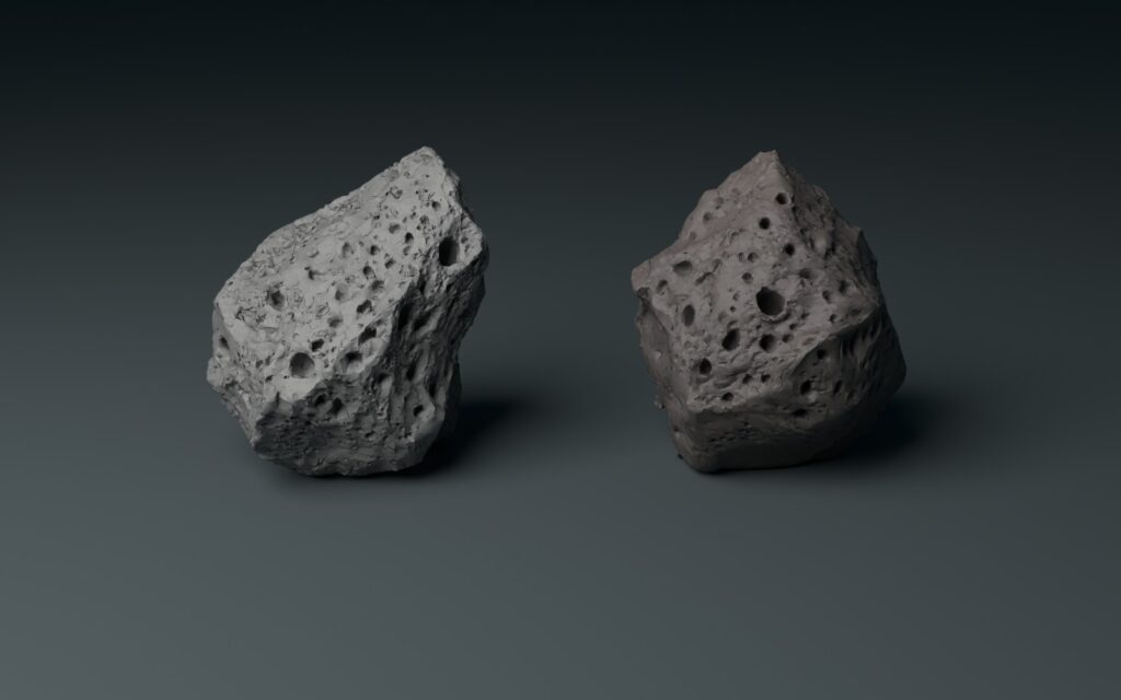 AquaDraftの溶岩石 タイプⅠ（左）とタイプⅡ（右）の3Dモデル